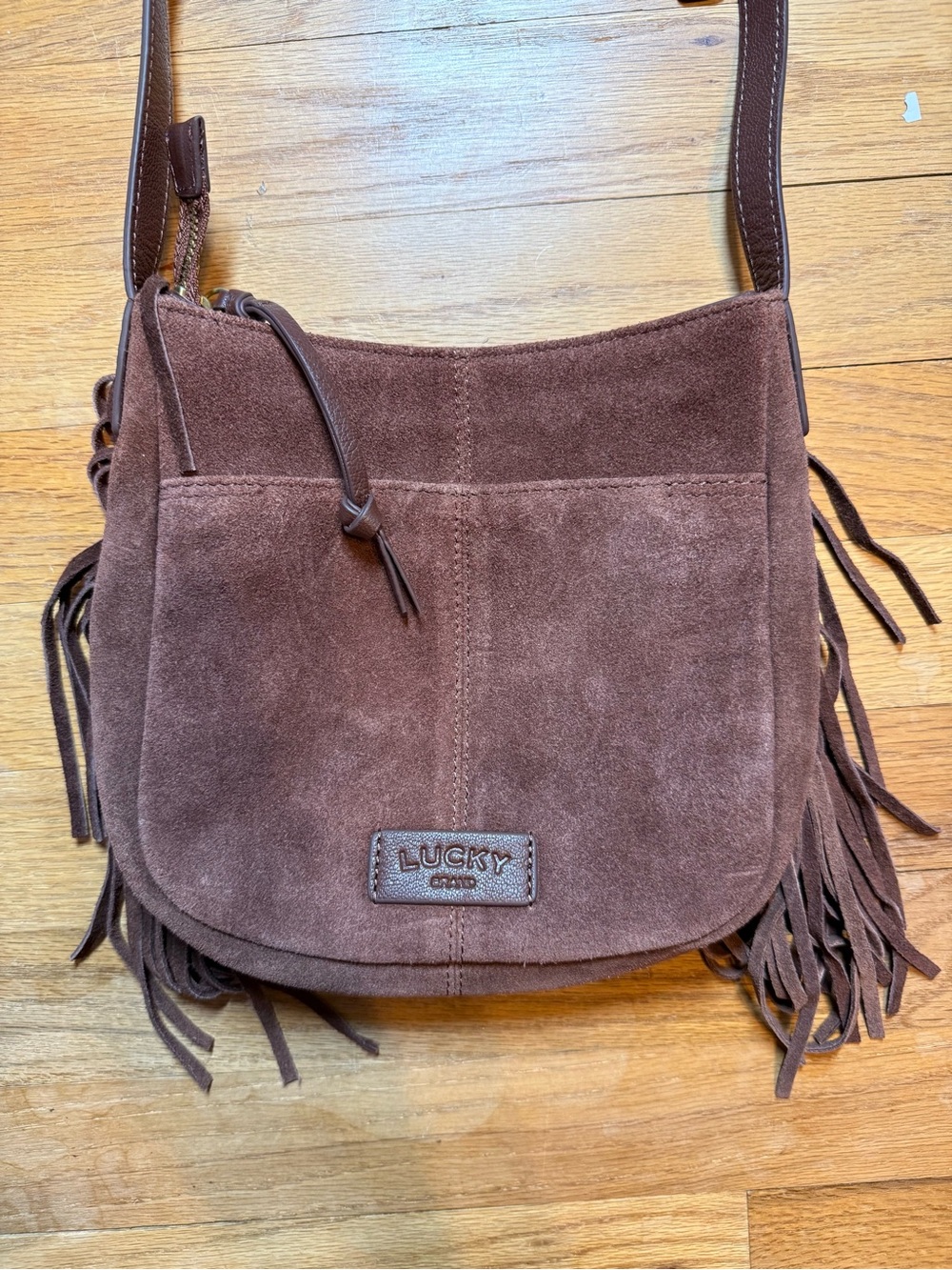Lucky Brand Nyra Suede Fringe Crossbody Bag Brown Boho Festival